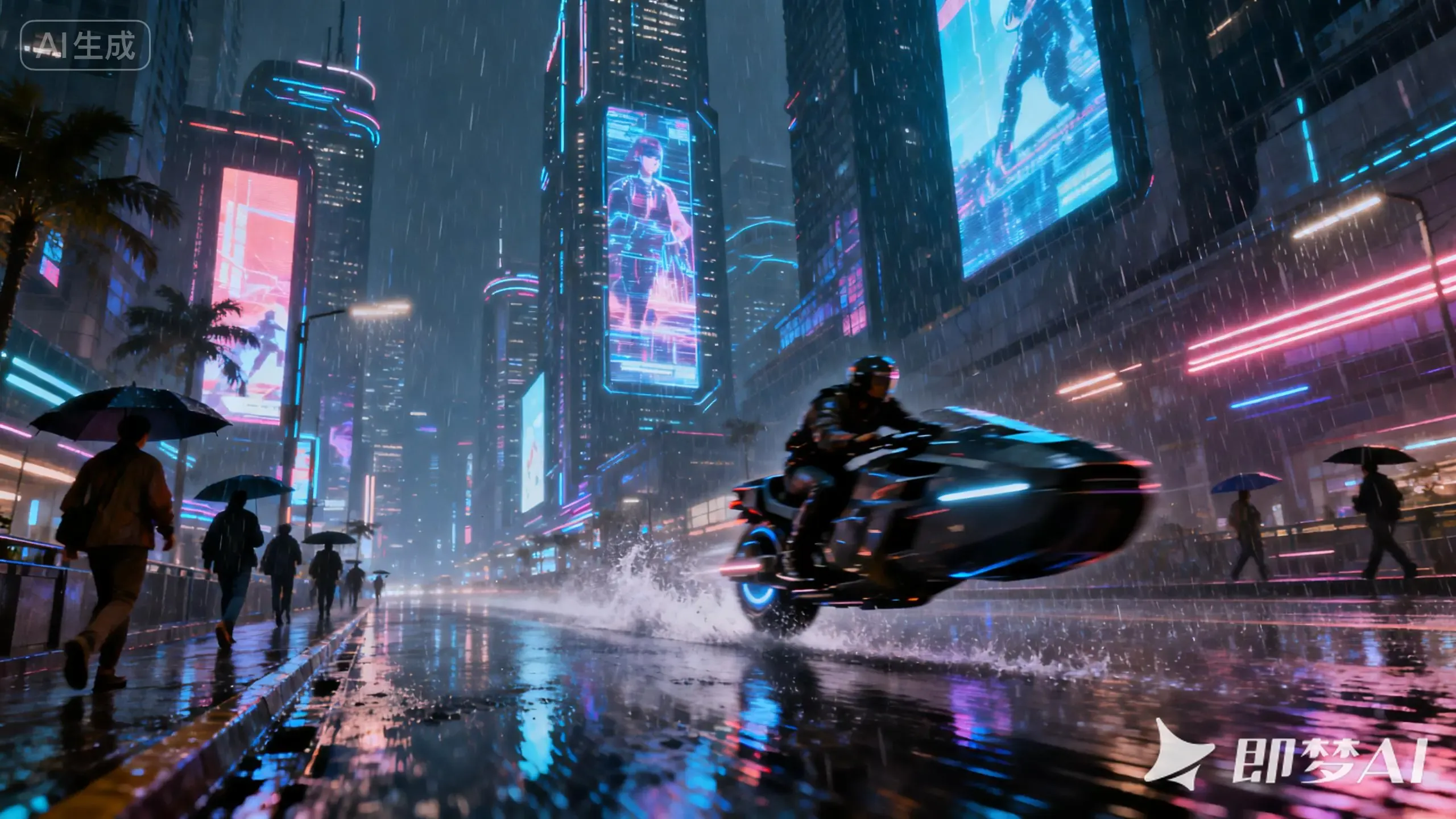 赛博朋克风格的雨夜都市街头,湿漉漉的街道反射着五彩斑斓的霓虹灯光,空中飘着细雨, Eine regennasse nächtliche Stadtstraße im Cyberpunk-Stil, die nasse Straße reflektiert buntes Neonlicht, feiner Regen schwebt in der Luft,